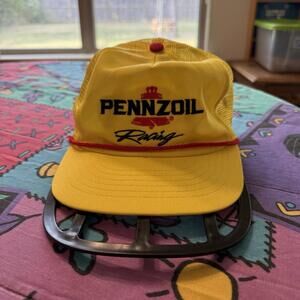 Vintage 80s PENNZOIL Yellow Rope Hat Trucker Cap Snapback Mesh USA Oil Swingster